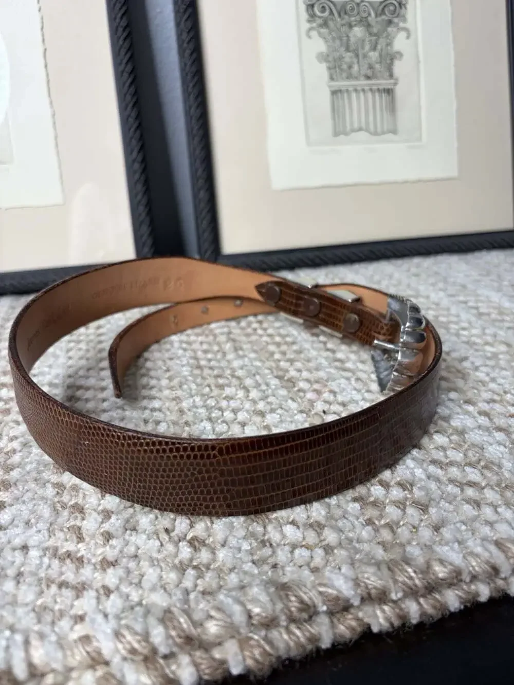 James Reid Brown Genuine Lizard Belt 925 Sterling Silver Buckle/Loops Size 26